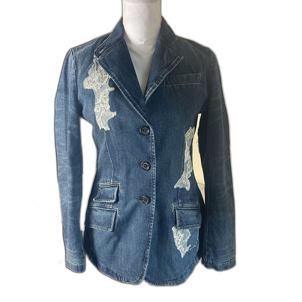 Lauren Ralph Lauren Womens Blazer Jean Jacket Sz 2 Embellished Lace Insulated - Picture 1 of 16